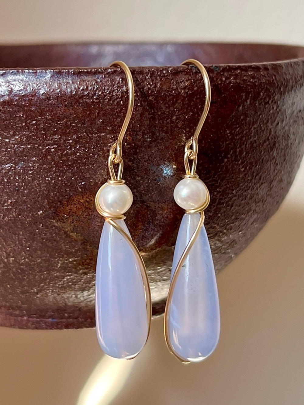 Gold Filled Lavender Chalcedony and Freshwater Pearl Drop Earrings